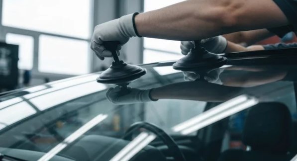 Gloved hands positioning a car windscreen with suction lifting handles